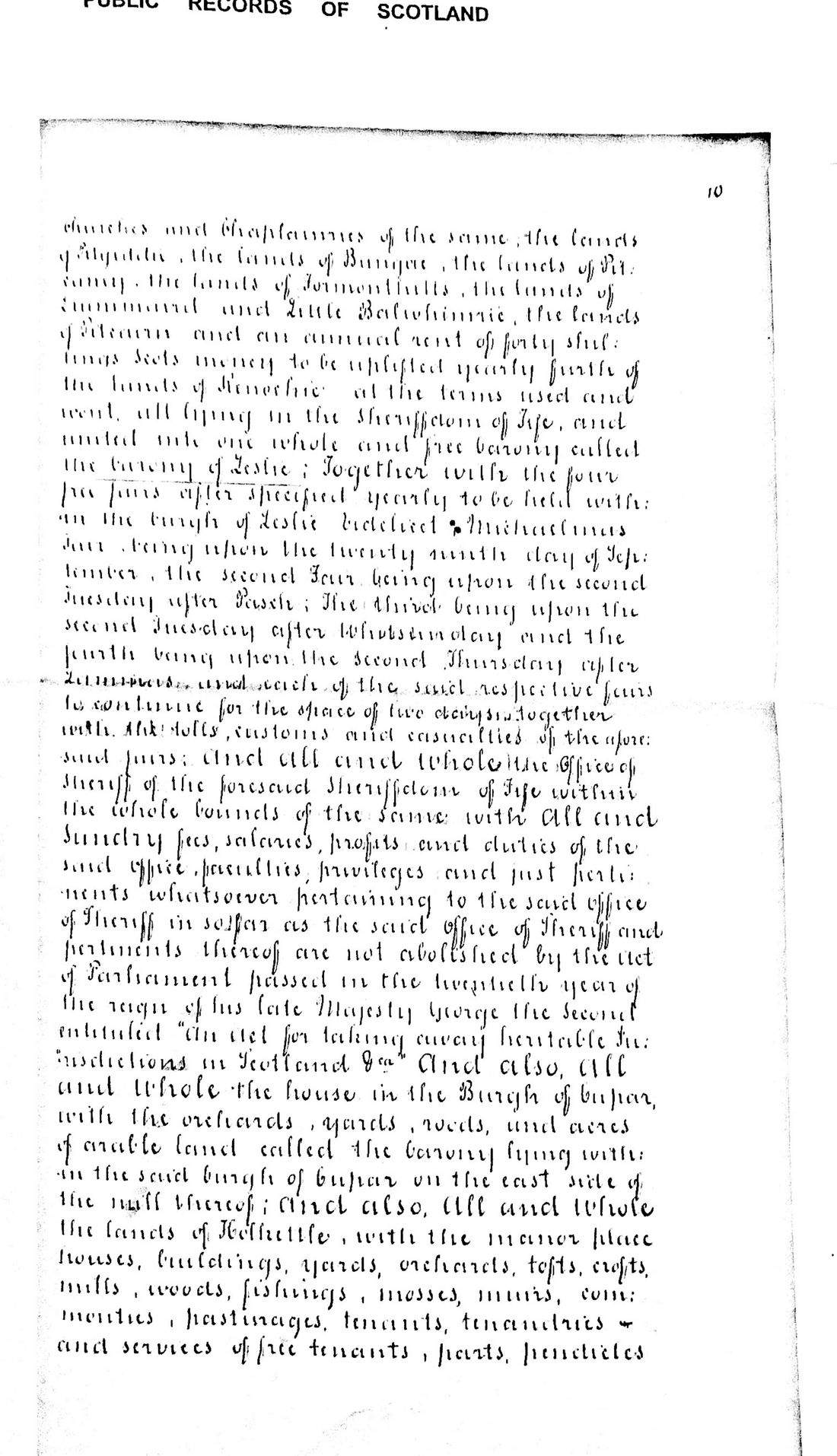 Folio 10 recto of the Register of the Great Seal copy of the 1859 Charter of Confirmation, containing the clause on the Office of Sheriff of Fife