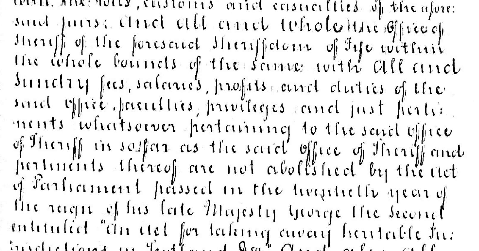 Handwritten register copy of the 1859 Charter of Confirmation, showing the clause confirming the Office of Sheriff of Fife in so far as not abolished by the Act of 1746
