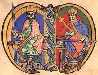 Illuminated initial of the Kelso Abbey charter of 1159 showing David I and Malcolm IV enthroned