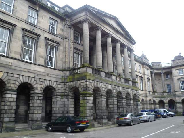 The columned entrance to Parliament House in Parliament Square, Edinburgh