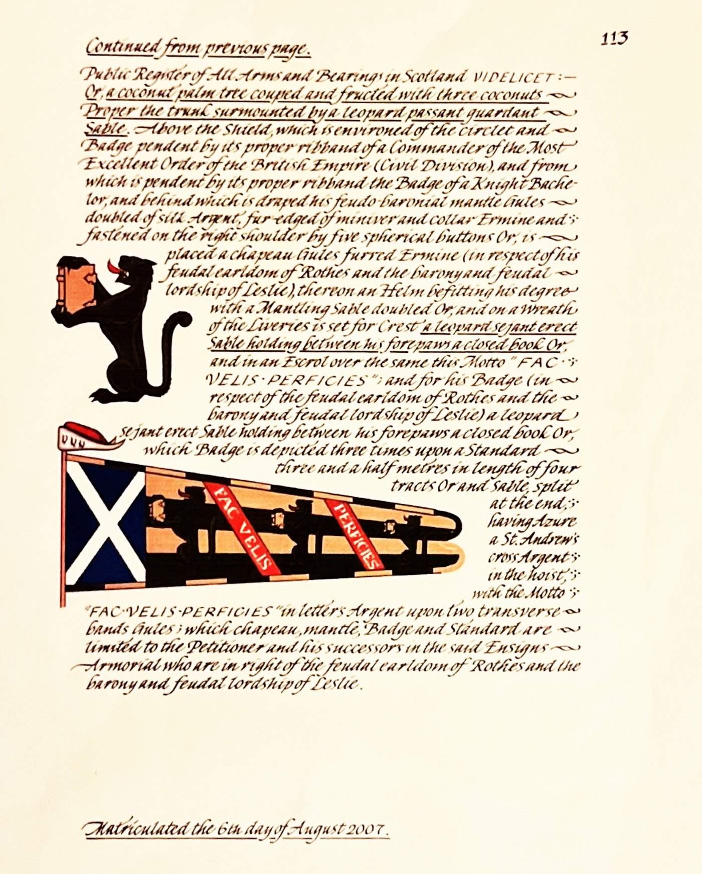Page 113 of the same volume, continuing the blazon, with the painted crest and standard