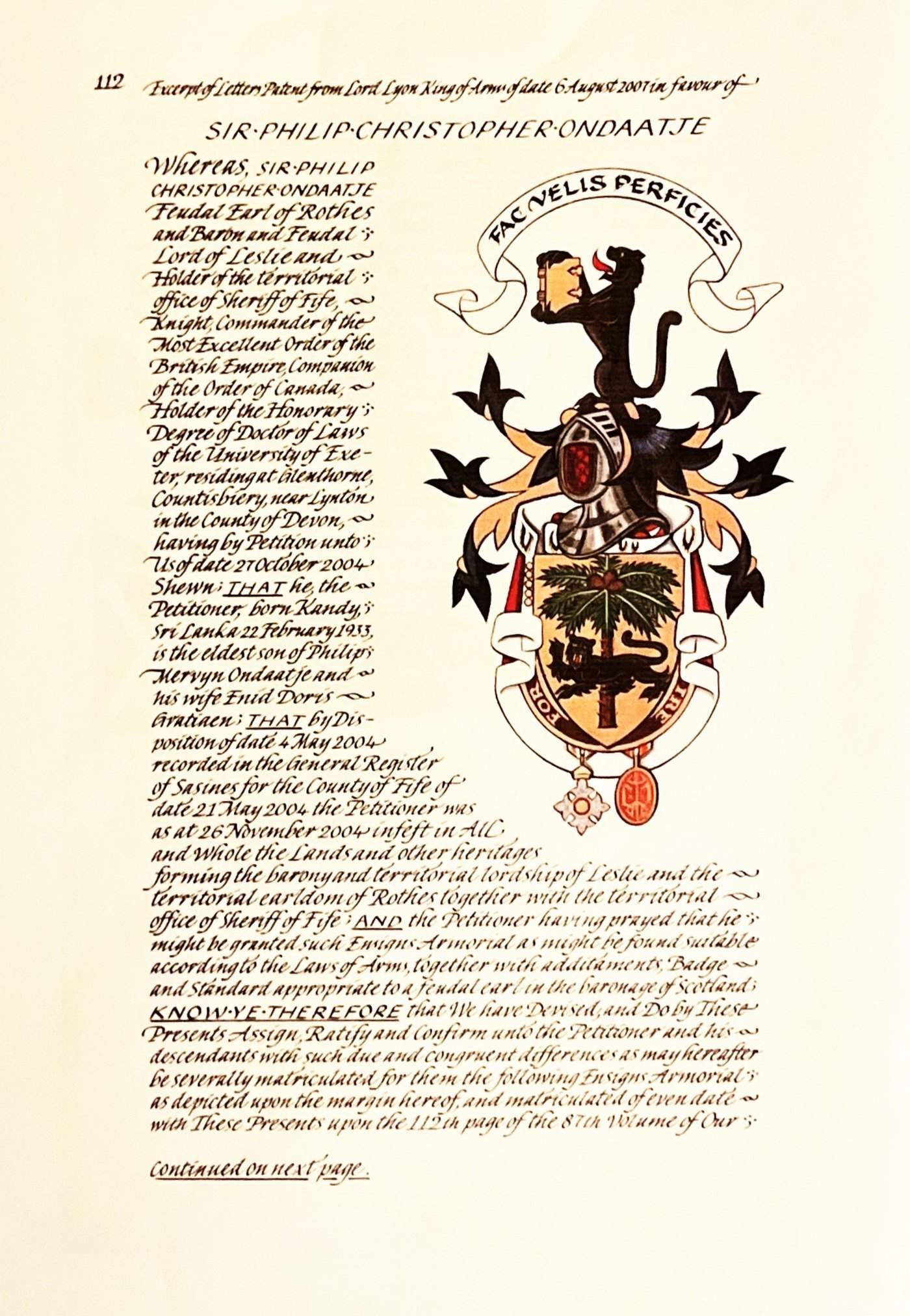 Page 112 of volume 87 of the Public Register of All Arms and Bearings in Scotland: excerpt of the Letters Patent of 6 August 2007 in favour of Sir Philip Christopher Ondaatje, with his painted achievement of arms