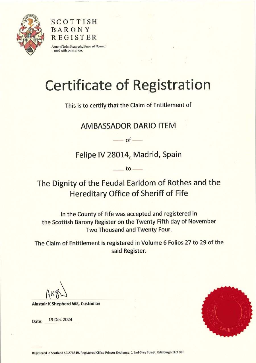 Certificate of Registration of the Scottish Barony Register, dated 19 December 2024, certifying the registration of Ambassador Dario Item's claim of entitlement to the Dignity of the Feudal Earldom of Rothes and the Hereditary Office of Sheriff of Fife